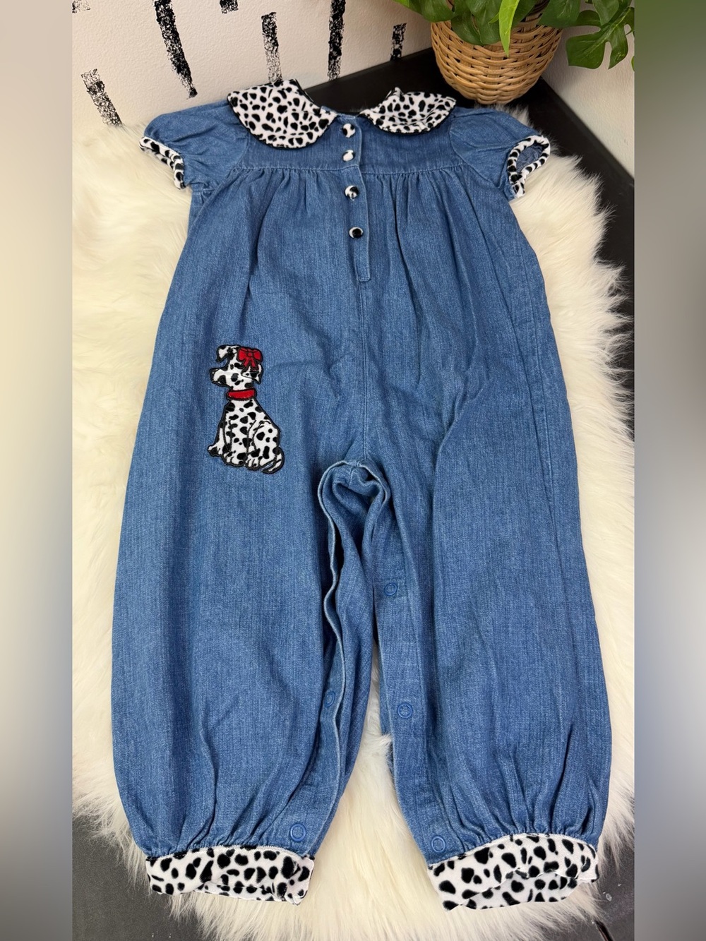 Vintage Starting Out Denim Dalmatian Bubble Romper Size 24 Months